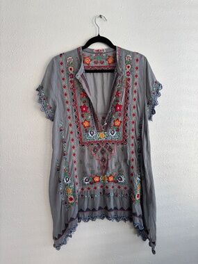 JOHNNY WAS EMBROIDERED Colorful Short Sleeve Tunic Top SZ M